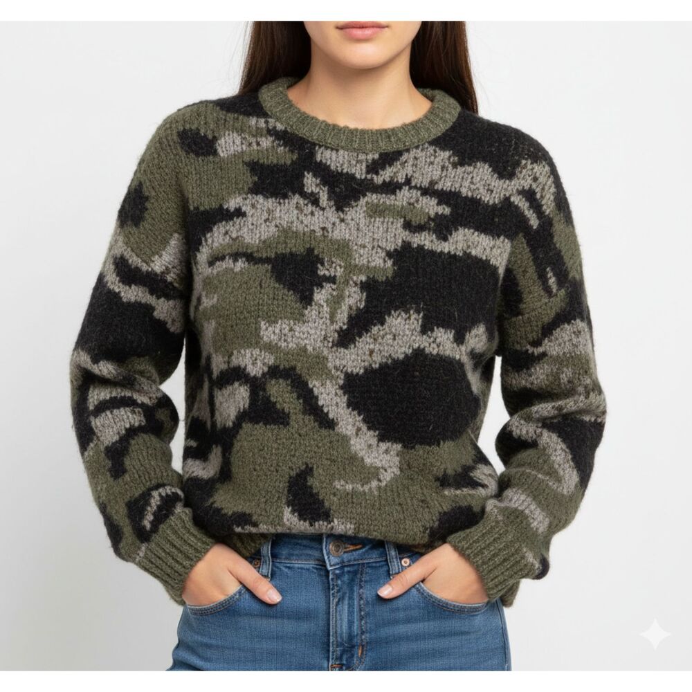 Workshop Camouflage Crewneck Knit Sweater Camo Olive Green Ribbed Pullover PM